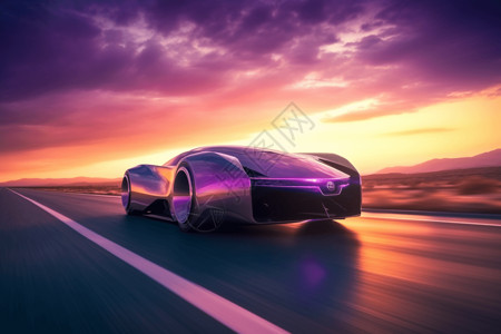 高清概念车未来派汽车在荒芜的高速公路上加速行驶设计图片