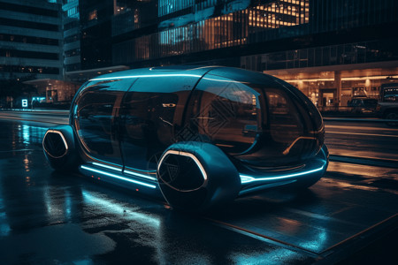 夜间驾驶自动驾驶汽车在夜间穿越未来派城市设计图片