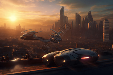 日落时分未来汽车在美丽的城市背景上盘旋史诗高清图片素材