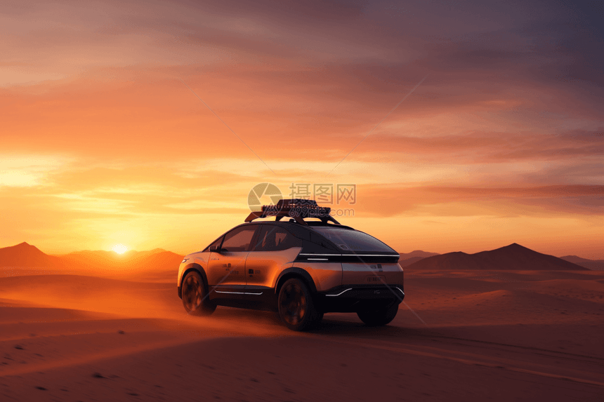 荒漠中的新能源电车图片
