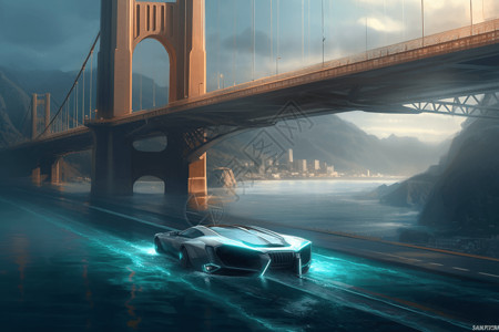水陆两用的概念车行驶在水上图片