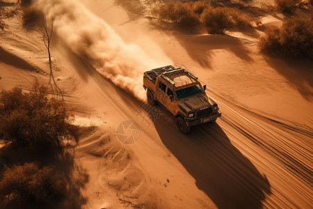 越野卡车在荒芜一人的沙漠中驰骋高清图片