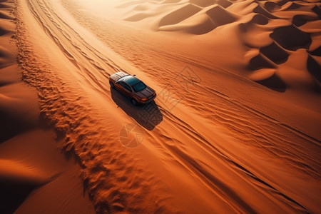 一辆未来主义的汽车高速滑过空旷沙漠的广阔荒原图片