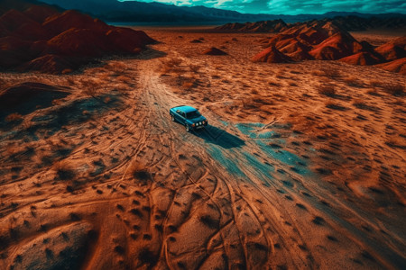 新能源汽车在空旷沙漠的广阔荒原中行驶高清图片