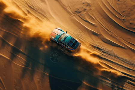汽车高速滑过空旷沙漠的广阔荒原图片