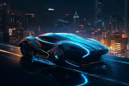 高峰期在夜间驶向霓虹城市的赛博朋克风格新概念车设计图片