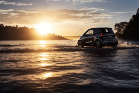 智能新能源汽车在水边行驶背景图片