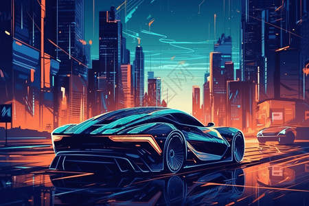 动感赛车在一个充满未来感的城市中赛车插画