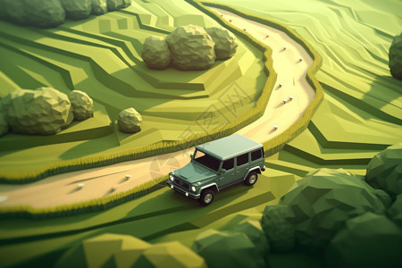 路测田野和丘陵背景下一辆汽车驶过乡村的轴测视角插画