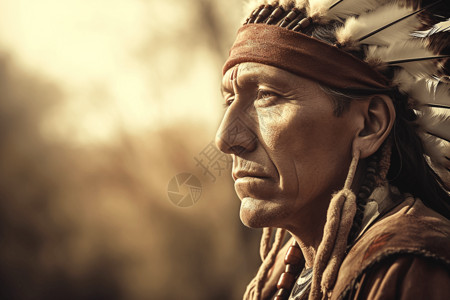 印第安头饰传统头饰和服装的原住民男子背景