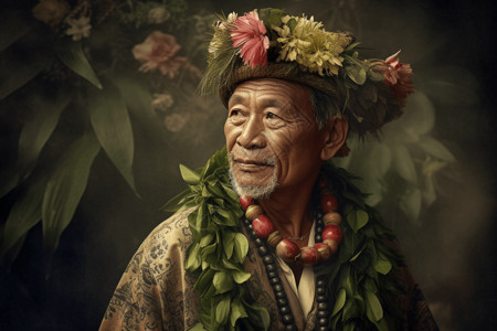 一个传统服装的夏威夷老人图片