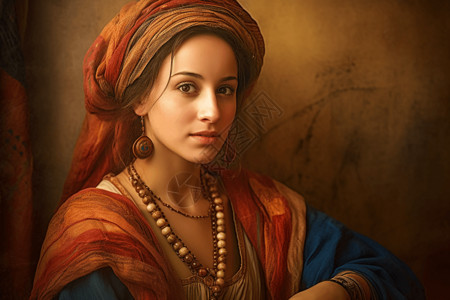 高加索人美丽的女性传统服装和配饰背景