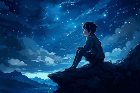 高清梦幻素材动漫人物以深思熟虑的姿势坐着被繁星点点的夜空包围插画