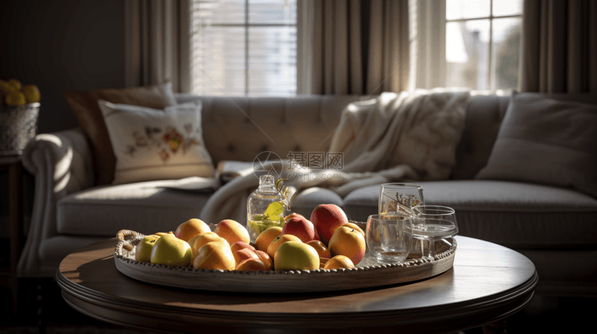 客厅茶几上的果子水杯图片