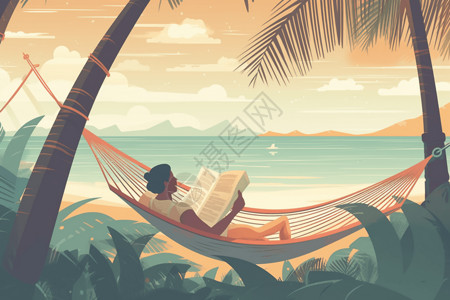 坐在床上的人一个人在两棵棕榈树之间的吊床上看书插画