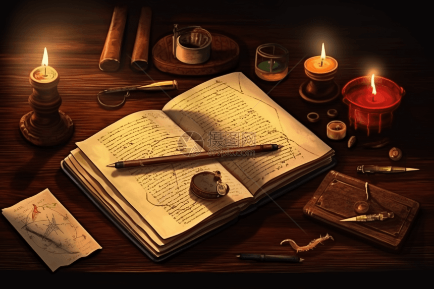 古代手稿笔和烛台图片