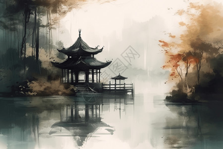 迷雾峭壁湖中国风水墨画的亭子插画