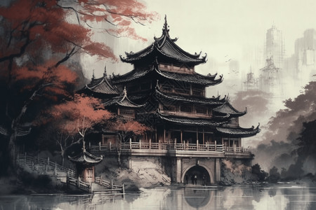 枫树下的中国建筑图片