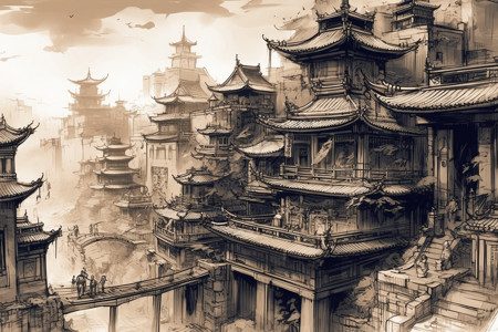 素描的中国古建筑高清图片