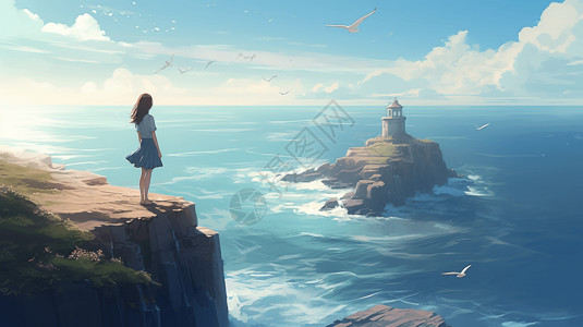 一个动漫女孩站在悬崖边图片