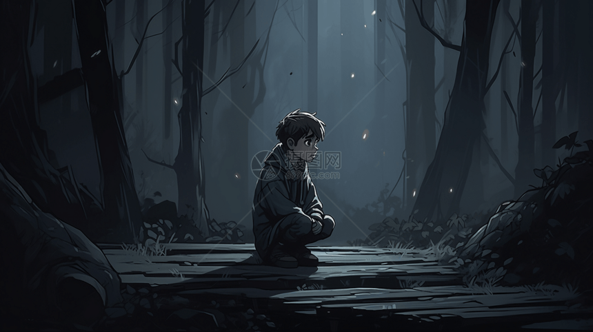 忧郁的年轻人坐在黑暗的森林中图片