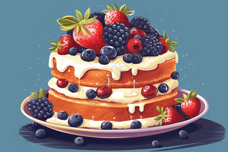 装在盘子里极简的树莓盘子里的水果蛋糕插画