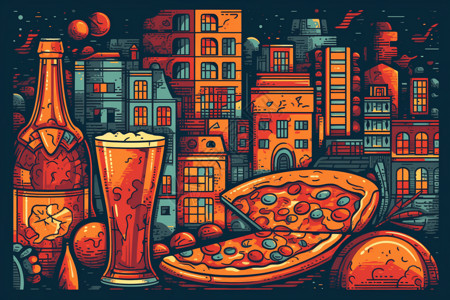 披萨和啤酒的插画背景图片