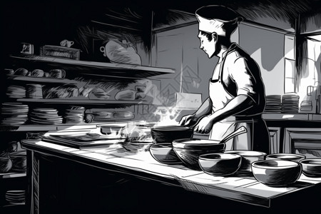 厨师在工作厨师在厨房准备一道菜插画