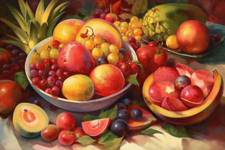 美味水果沙拉桌子上各种各样的水果插画