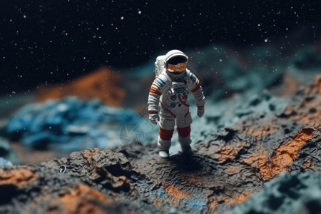 宇航员与星球微型宇航员行走在星球地表背景