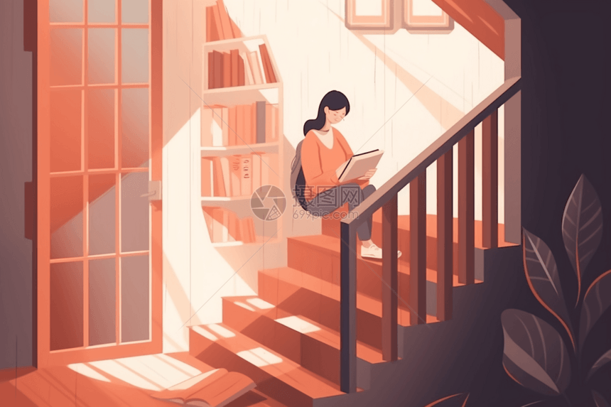 坐在楼梯上看书的女孩图片