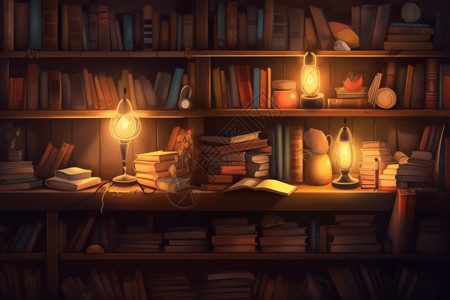 书特写书房里的书架上放着台灯插画