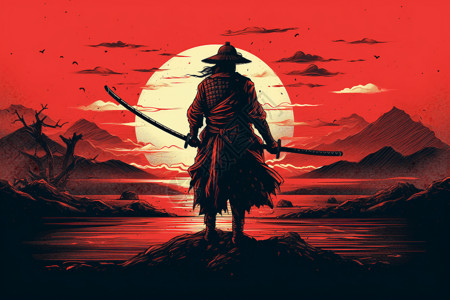 武士持刀在日落前背景图片