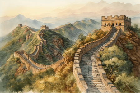 沿着山脉蜿蜒的城墙背景图片