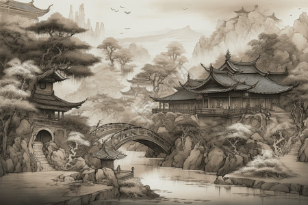 皇家园林的展览中国皇家园林和水墨画的结合插画