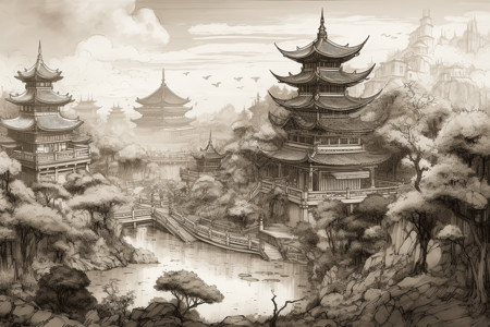 皇家园林的展览中国皇家园林和水墨画插画