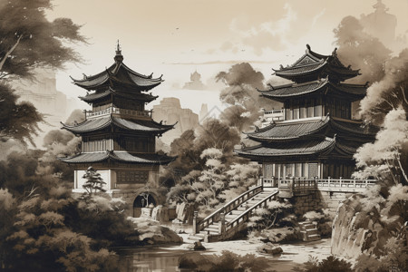 中式建筑园林的水墨画图片