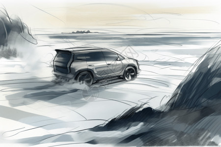 海清黑白写真海边飞驰的汽车插画