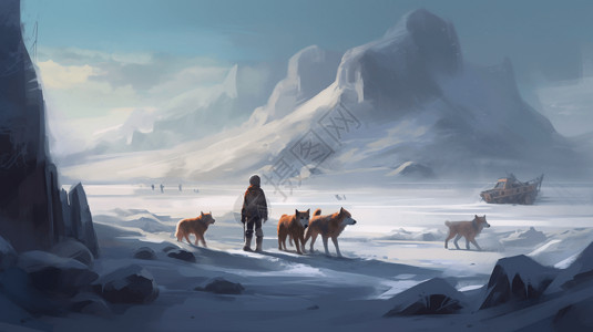 小男孩和狗穿越寒冷的冰川图片