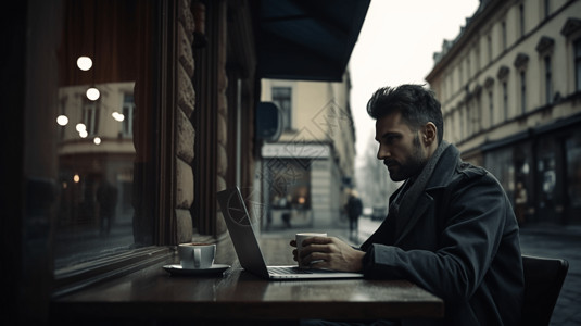 商人坐在咖啡店里喝着咖啡背景图片