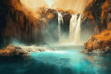 池大自然瀑布层叠到地热池中插画