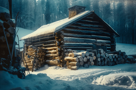 山林中的雪景木屋图片