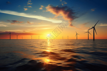 日落时的风力发电场图片