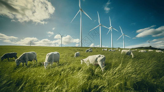 风力涡轮机奶牛场背景图片