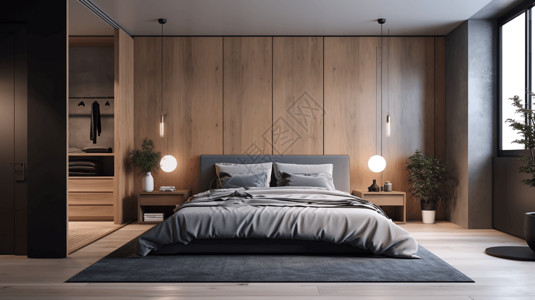 原木床现代原木风卧室设计图设计图片