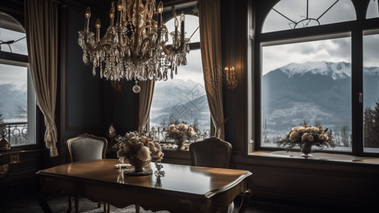 欧式别墅装修优雅的山间餐厅场景图设计图片