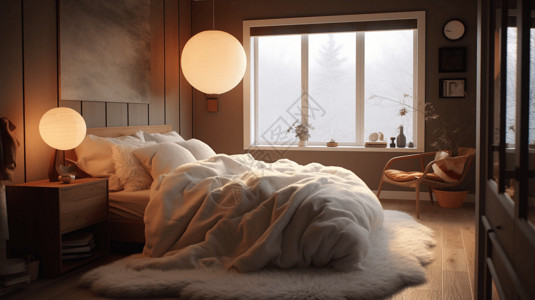 原木床现代简约家居卧室场景设计图片