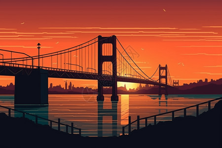 桥梁河水夕阳图片