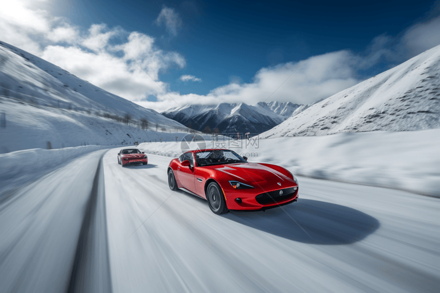 红色跑车在雪地上行驶图片