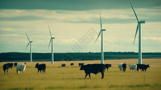 风力发电奶牛场特写图背景图片